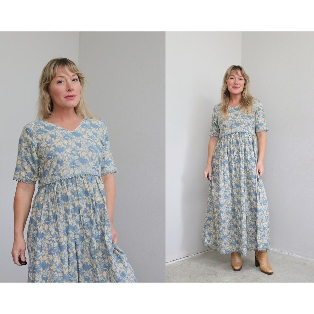 1980's Vintage Cornflower Antique Florals Milkmaid Market Dress ~ Women's SM MD